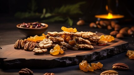 An image presenting a creative mix of walnuts with dried fruits and honey, forming an enticing and nutritious snack.