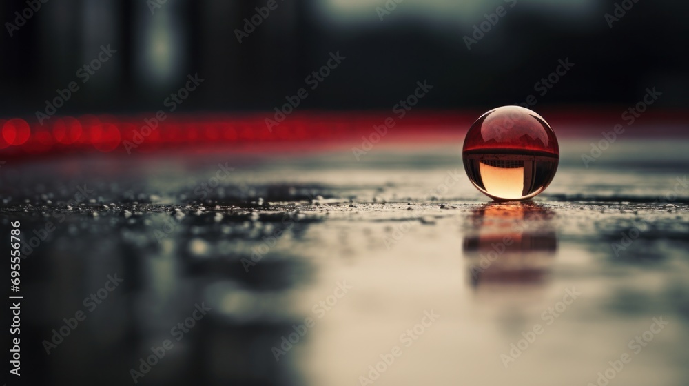 Canvas Prints A red ball sitting on a wet surface with the reflection of another object, AI