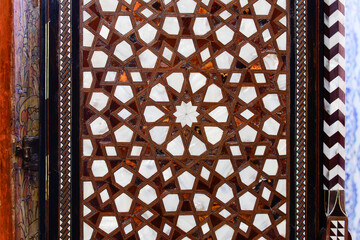 Mother-of-pearl inlaid ottoman door. Islamic background. Ramadan holiday texture.