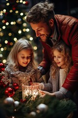 Obraz na płótnie Canvas A festive scene of a family decorating a Christmas tree together