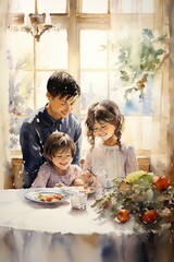 A New Year's Day watercolor scene with a family having a leisurely breakfast