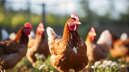 On the farm, there are brown chickens.