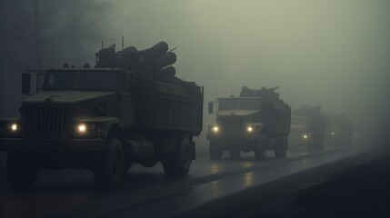 Amidst a dense fog, a convoy of military vehicles moves with calculated precision. Their forms are mere shadows amidst the ethereal haze - obrazy, fototapety, plakaty