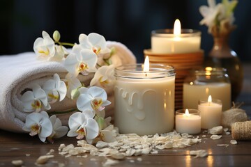  a couple of white candles sitting on top of a wooden table next to a white towel and a vase with white flowers on top of a table next to a couple of white candles.