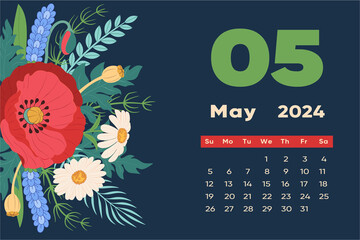 Floral May 2024 calendar template. With bright colorful flowers and leaves. Editable page template with illustrations. Vector mesh. The week starts on Sunday.