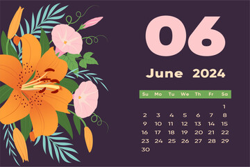 Floral June 2024 calendar template. With bright colorful flowers and leaves. Editable page template with illustrations. Vector mesh. The week starts on Sunday.