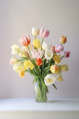 Pastel multicolored tulip flowers in a glass vase on the table over white background