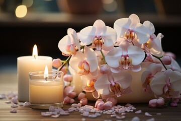 Obraz na płótnie Canvas a couple of candles sitting next to a bunch of flowers on top of a wooden table in front of a vase with orchids on top of a wooden table.