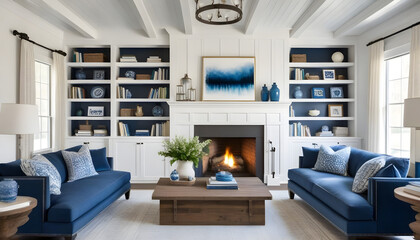 modern farmhouse living room with fireplace