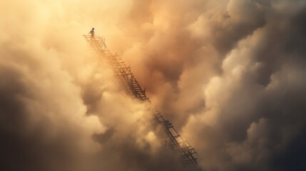 Amidst the haze, a ladder reaches skyward, its sturdy rungs disappearing into the thick smoke, symbolizing both ascent and the relentless pursuit of safety - obrazy, fototapety, plakaty