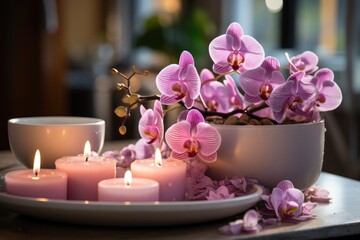 Obraz na płótnie Canvas a white plate topped with pink candles next to a bowl filled with purple flowers and a cup filled with tea lights next to a vase with purple orchids on a table.