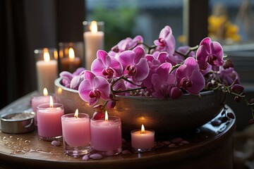 Obraz na płótnie Canvas a wooden table topped with lots of candles and a bowl filled with pink flowers on top of a table next to a vase with purple flowers on top of rocks.