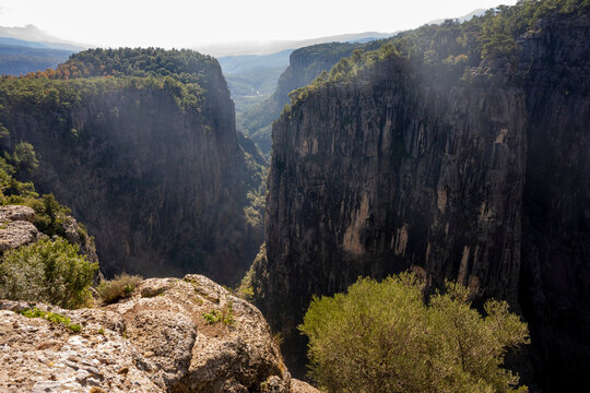 Panorma landscape of Tazı Kanyonu (aka Eagles Canyon, Tazi Canyon) and Bilgelik Vadisi (aka Wisdom Valley). Located in K&ouml;pr&uuml;l&uuml; Canyon National Park, Antalya, Turkey