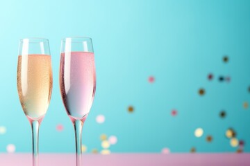  two champagne flutes sitting next to each other in front of a blue background with confetti and confetti sprinkles on the side of the glasses.
