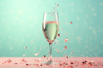  a close up of a glass of wine on a table with confetti falling from the top of the glass and on the bottom of the glass is a teal. - Powered by Adobe