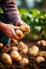 A farmers man's hands picking a potatoes on a farmers market - obrazy, fototapety, plakaty