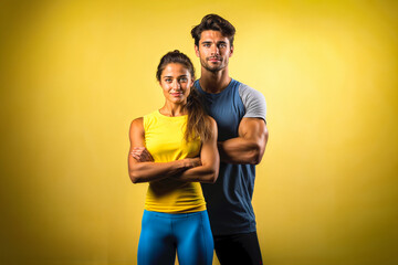 Athletic Duo in Contrasting Fitness Attire Against Yellow Backdrop