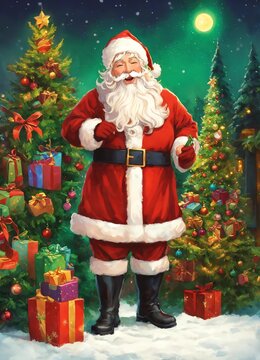 Laughing, painted in colors, a very kind Santa Claus stands near the Christmas tree with toys and gifts