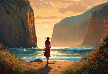 Beautiful illustration of characters next to a cliff and the sea - obrazy, fototapety, plakaty