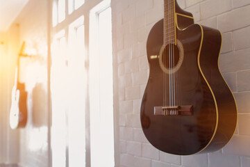 Guitars that were kept in the music practice room It is a guitar that is provided for musicians to...