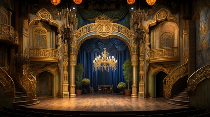 An ornate and opulent theater stage set for a grand performance, complete with elaborate costumes and intricate props