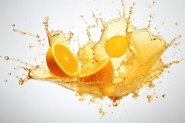  a splash of orange juice with a slice of orange in the middle of the splash, on a white background, with a white back ground and a white background. - obrazy, fototapety, plakaty