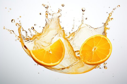  an orange cut in half with a splash of water on the top of the orange slice and on the bottom of the orange slice, on a light background of a white background.