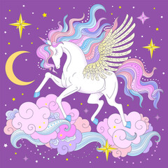 Magic white unicorn with a rainbow mane in the clouds. For the design of prints, posters, stickers, cards, puzzles, T-shirts, cups, etc. Vector illustration © Zerlina