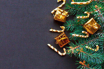 Blue spruce branches with golden decorations on black background. Merry Christmas and Happy New...