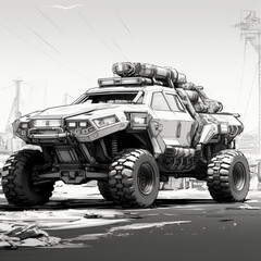 military jeep graphic drawing. large car of the future. Generative AI
