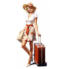 a woman with a suitcase goes on vacation to the sea in Pin Up style. Generative AI