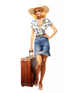 a woman with a suitcase goes on vacation to the sea in Pin Up style. Generative AI