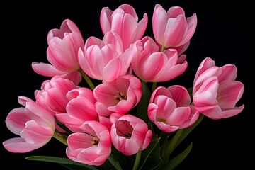 Fototapeta premium Close up view of pink tulip flowers bouquet over black background