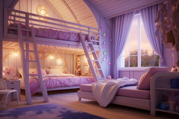 A cozy children's bedroom featuring a 3D intricate pattern in soft violet on the window blinds, a...