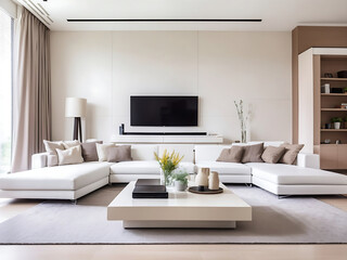 Fototapeta na wymiar White sofa and TV unit in a spacious room. Luxury home interior design of modern living room, panorama