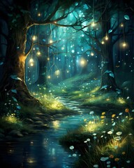 Fantasy forest at night with a stream and lights. 3d rendering