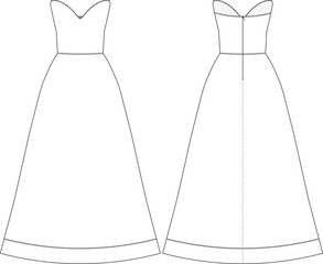 strapless sleeveless long trumpet dress gown template technical drawing flat sketch cad mockup fashion woman design style model