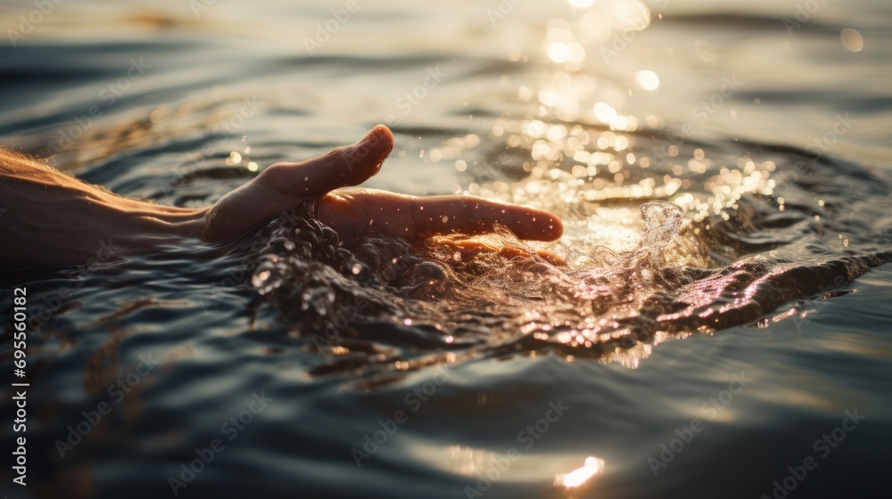 Poster A person's hand reaching out of the water to grab a fish, AI