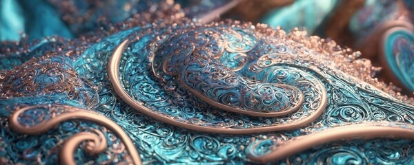 a close up of a blue and silver fabric