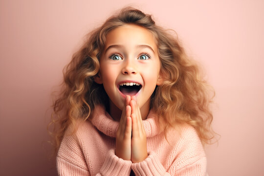 Portrait of a surprised girl on a pink background