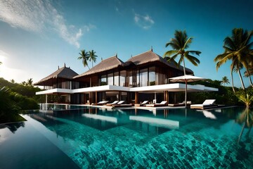 Obraz premium A beachfront resort with a series of luxurious villas, each with its own infinity pool, offering panoramic views of the Indian Ocean.