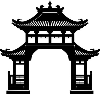 Chinese gate icon in the park black silhouette. AI generated illustration.