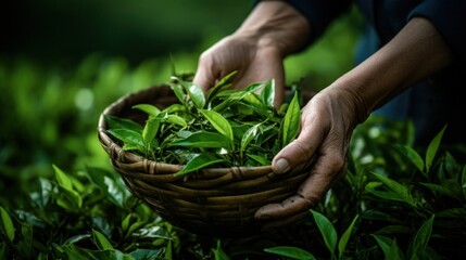 A person holding a basket of green tea leaves on top of some bushes, AI - Powered by Adobe