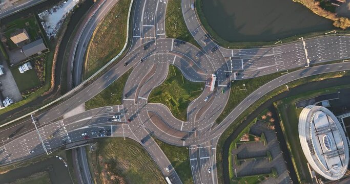 Complex roundabout intersection, turbo roundabout. Traffic flow intersection.