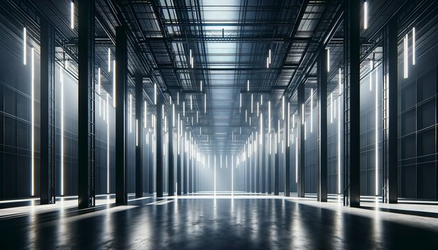 Vast warehouse with strong, white lights and metal, very dramatic at night. The metal trusses in the warehouse shine under the bright lights.