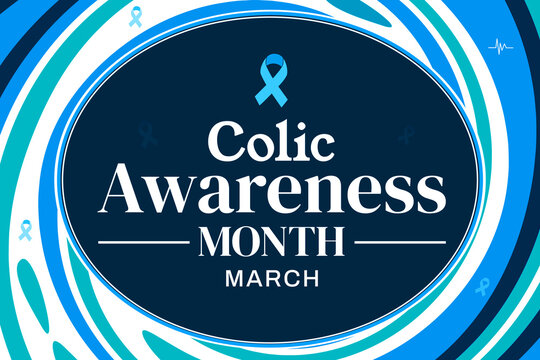 Colic Awareness Month with blue ribbon and white typography in the center. March is observed to spread awareness about colic, background