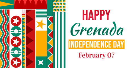 Happy Grenada Independence Day colorful background in traditional color with typography and shapes. February 7 is celebrated as Independence Day in Grenada, backdrop - obrazy, fototapety, plakaty