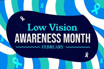 Low Vision Awareness Month background with blue shapes, ribbon and text in the center. January is low vision awareness month - obrazy, fototapety, plakaty