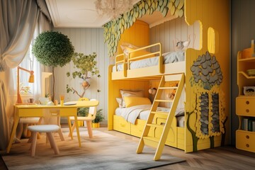 A delightful children's bedroom featuring a 3D intricate pattern in lemon yellow on the wardrobe panels, a cheerful and bright theme, and a bed with a slide and ladder combination