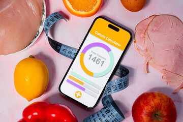 An application for counting calories next to healthy eating. Calorie deficit and weight loss. Maintaining a healthy and balanced diet - obrazy, fototapety, plakaty